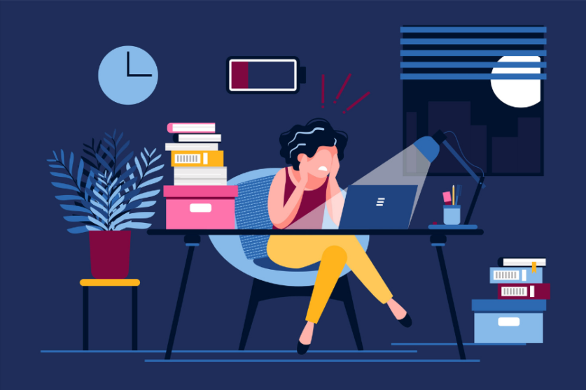 Burnout Illustrated Woman Sitting at Her desk Surrounded by Tasks with a Battery Icon Running Low.